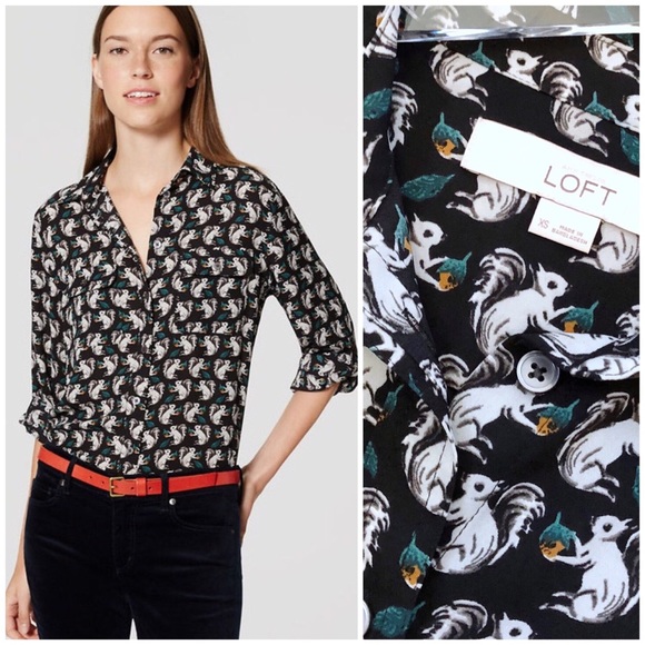 LOFT Tops - LOFT | Squirrel Print Roll Tab Button Down Blouse